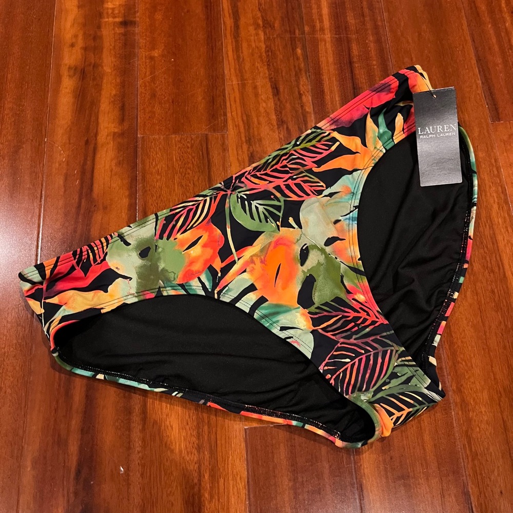 Ralph Lauren Bikini Swim Bottom Tropical Leaf Print Black Multi Beach New NWT 16